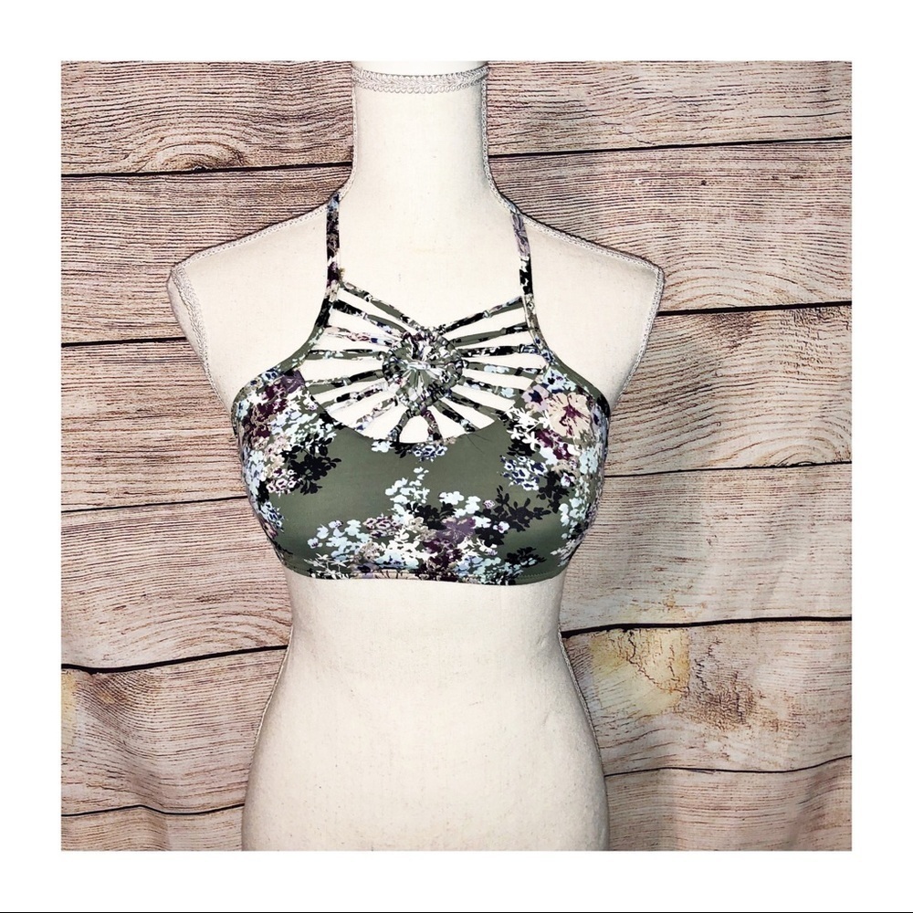 Ambrielle Medallion Strappy Bikini Top Olive Green Floral Size S